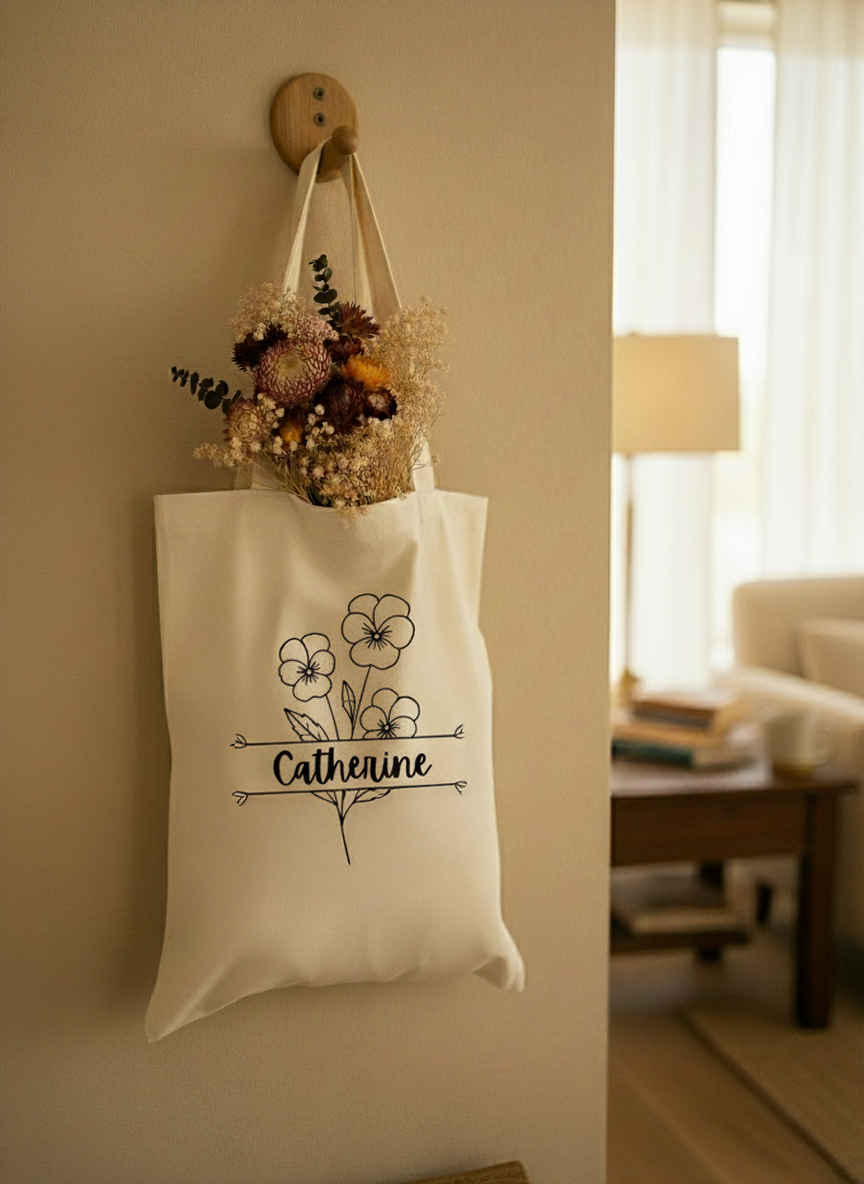 Tote bag en coton personnalisé avec fleur de naissance