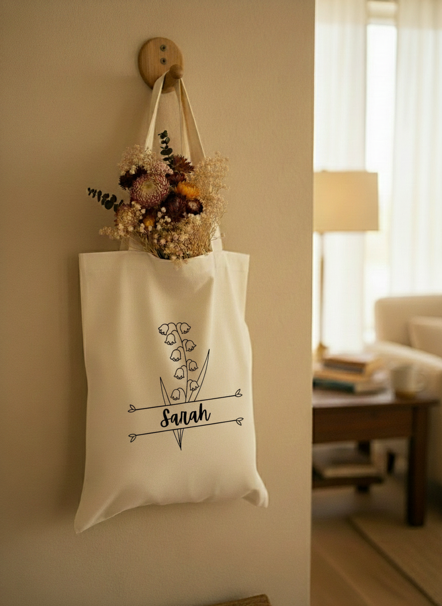 Tote bag en coton personnalisé avec fleur de naissance