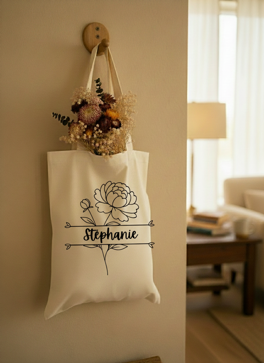 Tote bag en coton personnalisé avec fleur de naissance