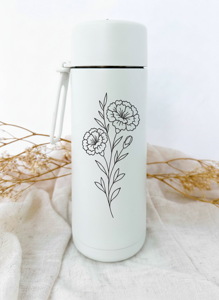 Bouteille isotherme blanche personnalisée avec fleur de naissance