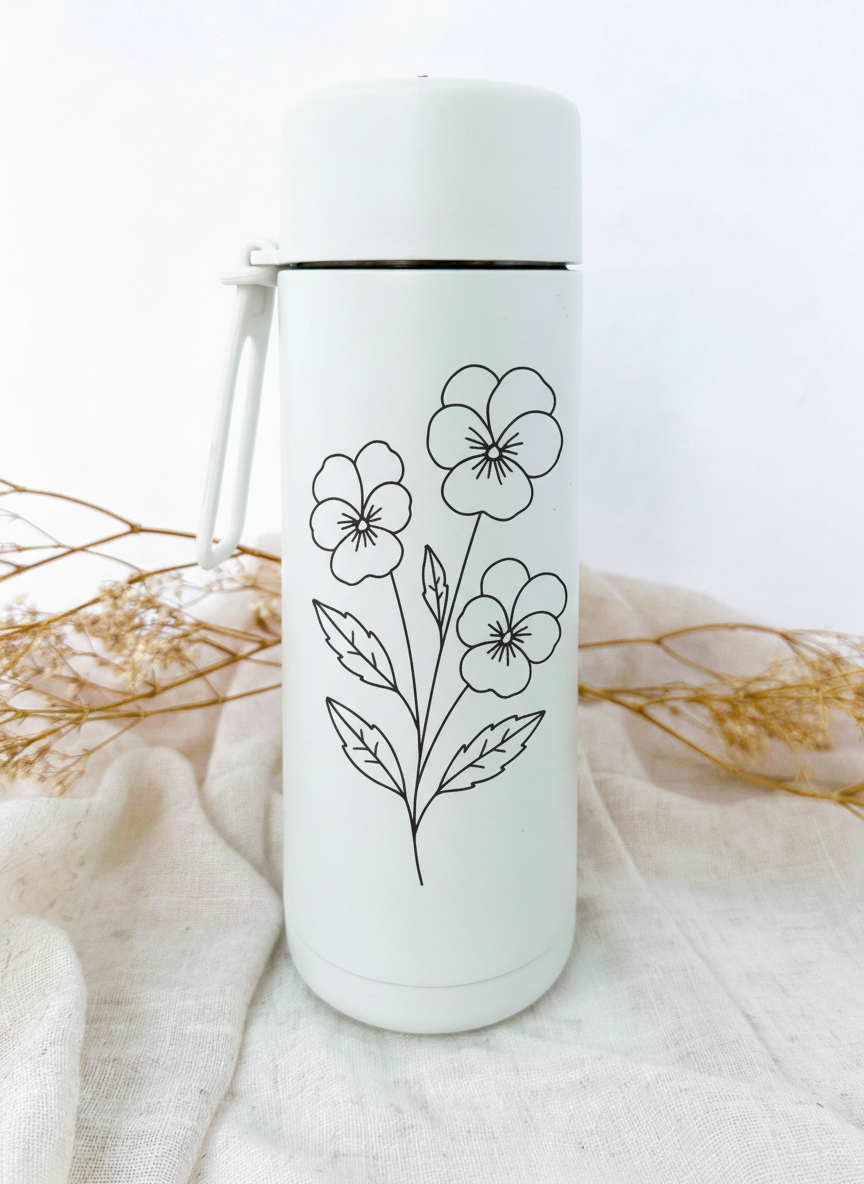 Bouteille isotherme blanche personnalisée avec fleur de naissance