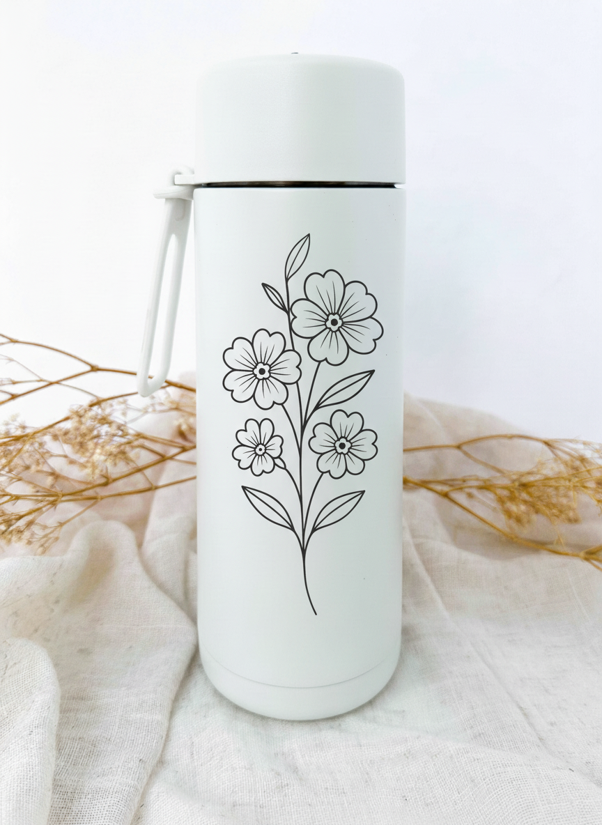 Bouteille isotherme blanche personnalisée avec fleur de naissance
