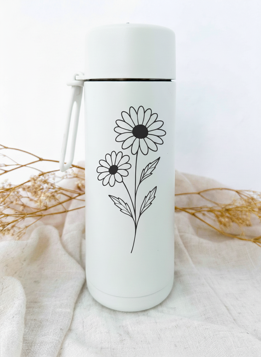 Bouteille isotherme blanche personnalisée avec fleur de naissance
