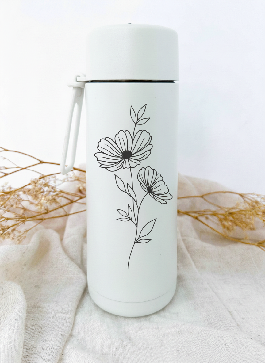 Bouteille isotherme blanche personnalisée avec fleur de naissance