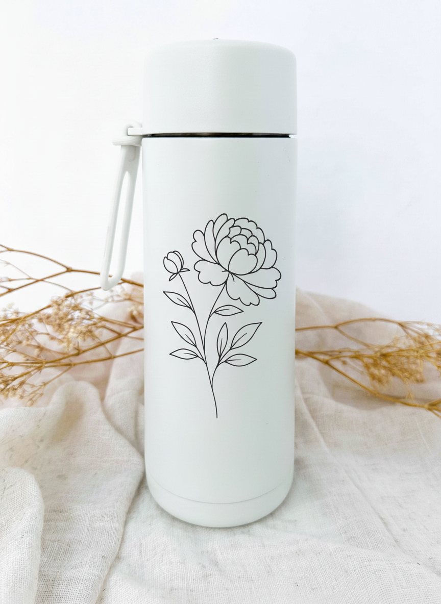 Bouteille isotherme blanche personnalisée avec fleur de naissance