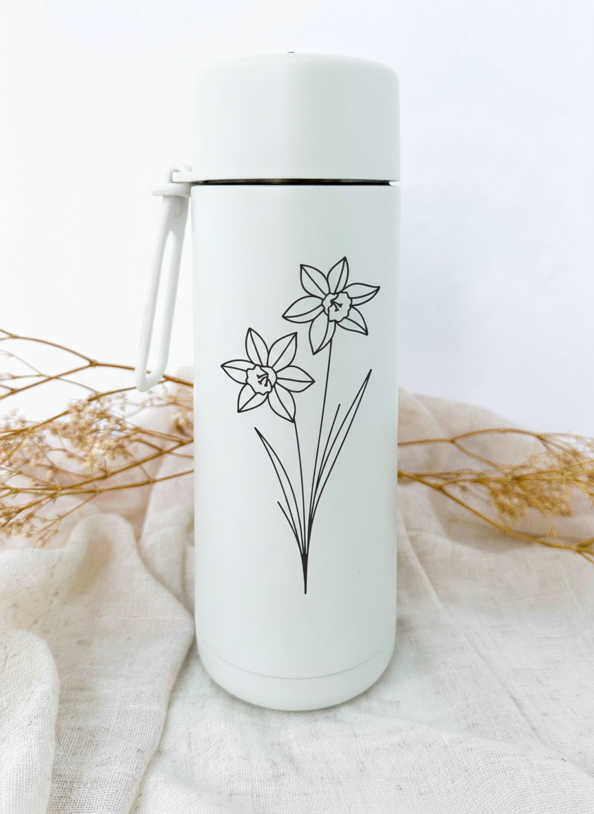 Bouteille isotherme blanche personnalisée avec fleur de naissance