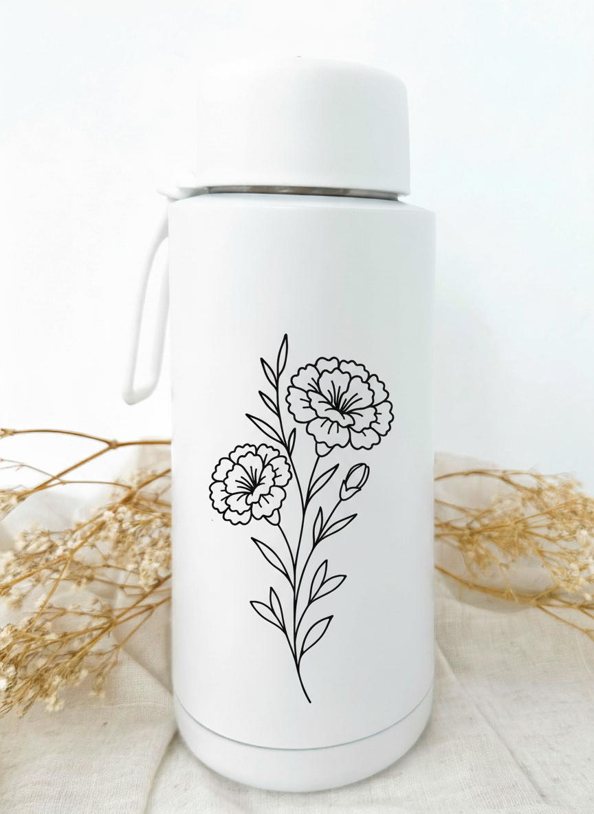Bouteille isotherme blanche personnalisée avec fleur de naissance