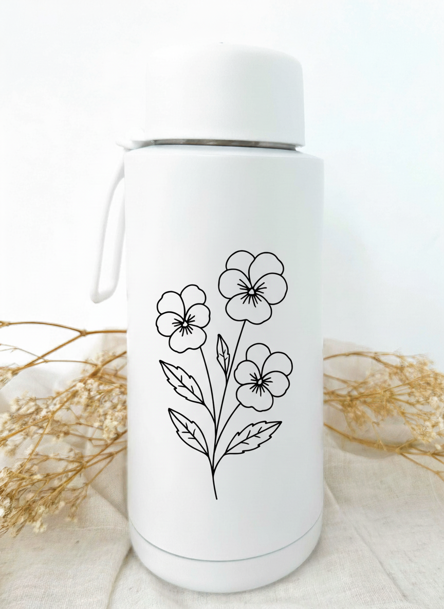 Bouteille isotherme blanche personnalisée avec fleur de naissance