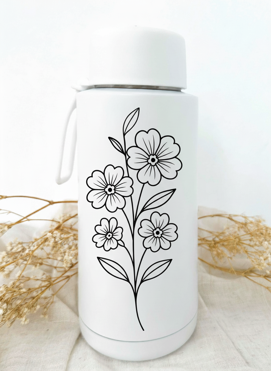 Bouteille isotherme blanche personnalisée avec fleur de naissance