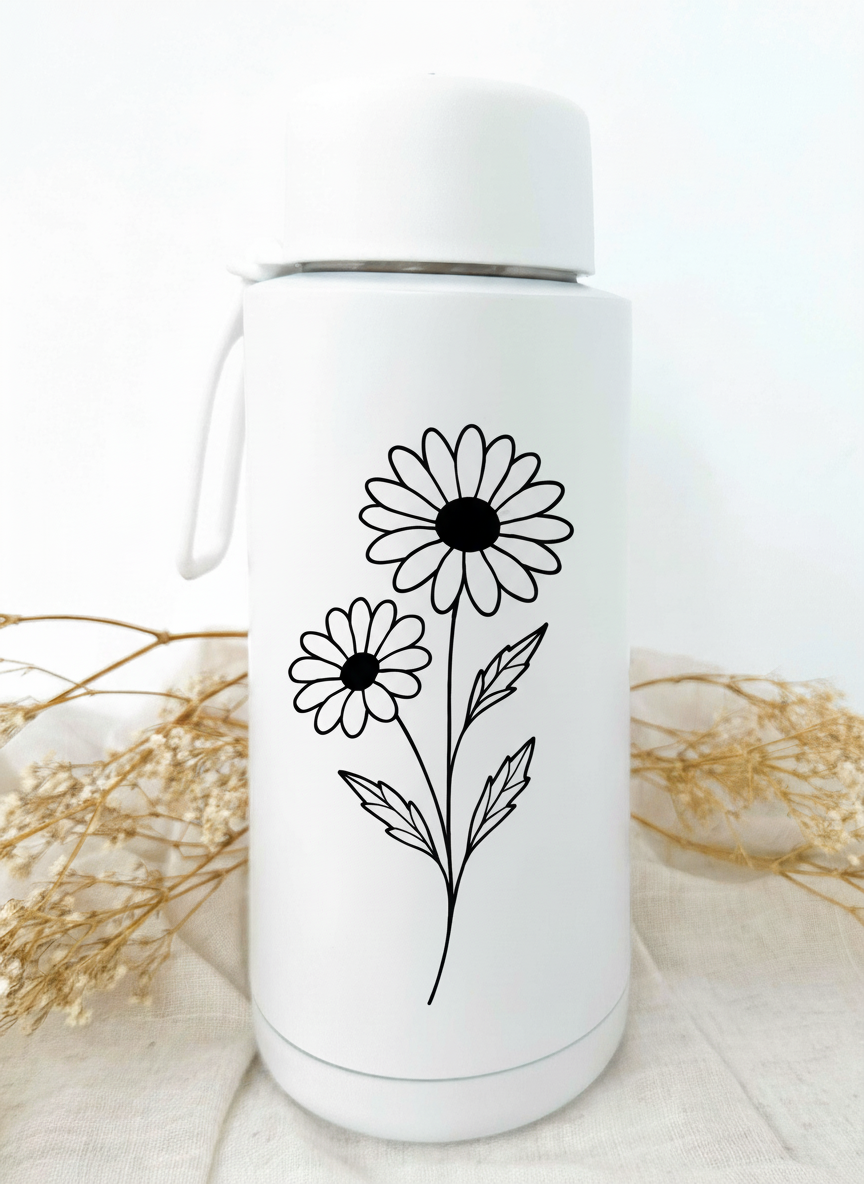Bouteille isotherme blanche personnalisée avec fleur de naissance