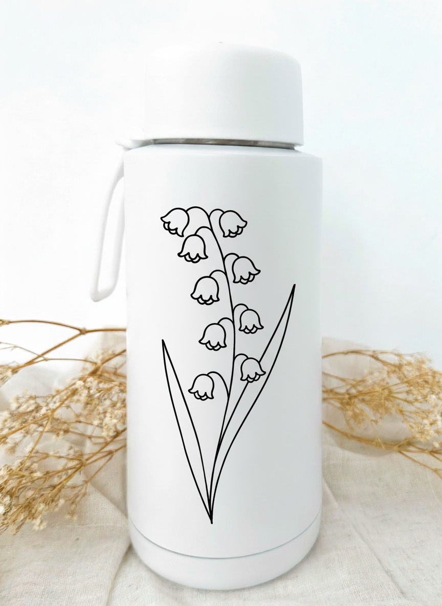 Bouteille isotherme blanche personnalisée avec fleur de naissance