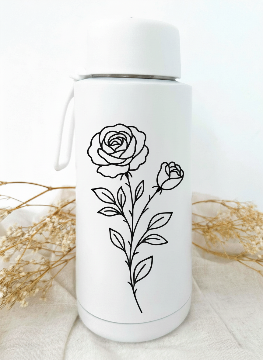 Bouteille isotherme blanche personnalisée avec fleur de naissance