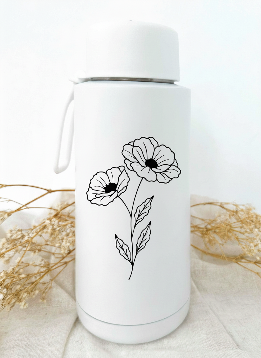 Bouteille isotherme blanche personnalisée avec fleur de naissance
