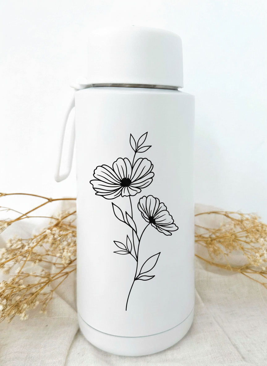 Bouteille isotherme blanche personnalisée avec fleur de naissance