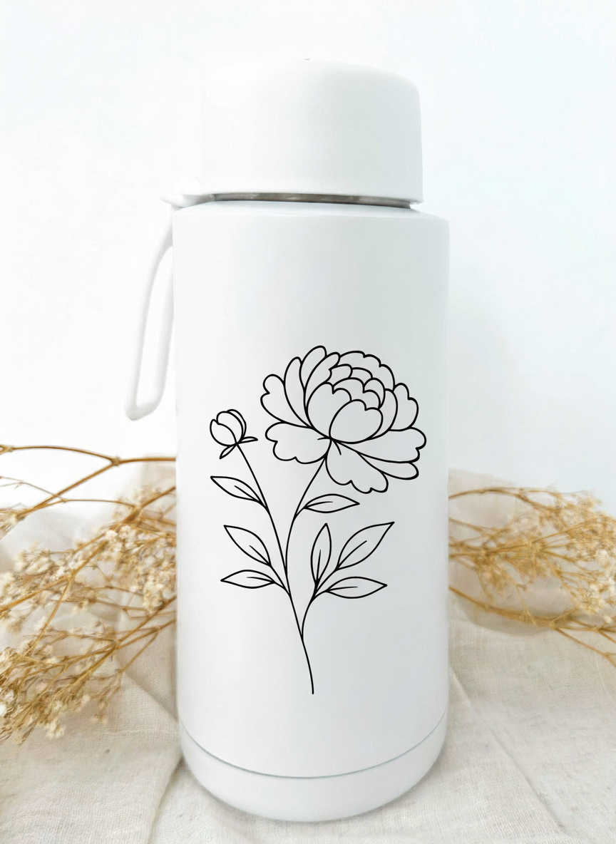 Bouteille isotherme blanche personnalisée avec fleur de naissance