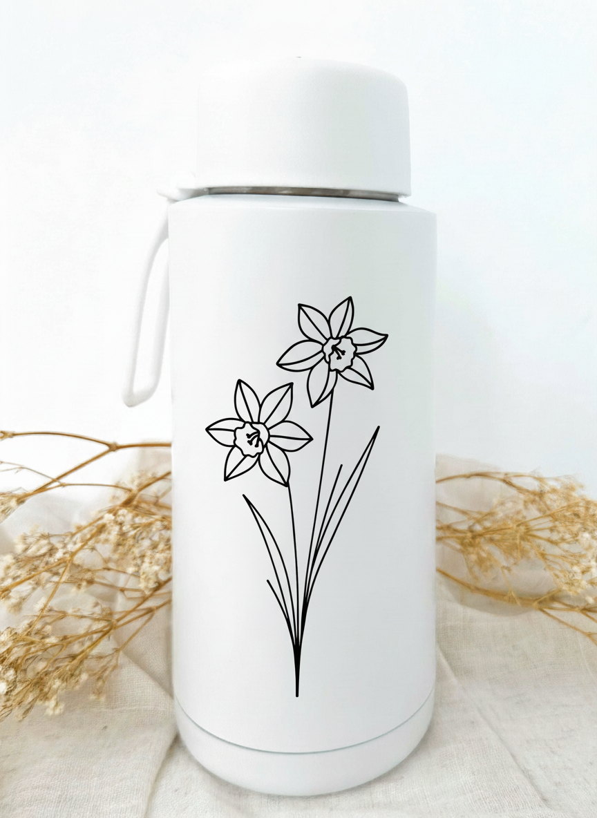 Bouteille isotherme blanche personnalisée avec fleur de naissance