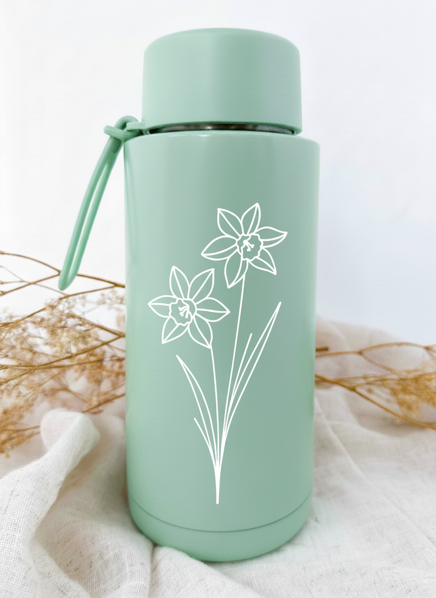 Bouteille isotherme verte personnalisée avec fleur de naissance
