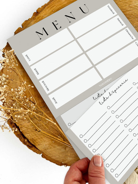 Planificateur de repas et liste d'épicerie Greige