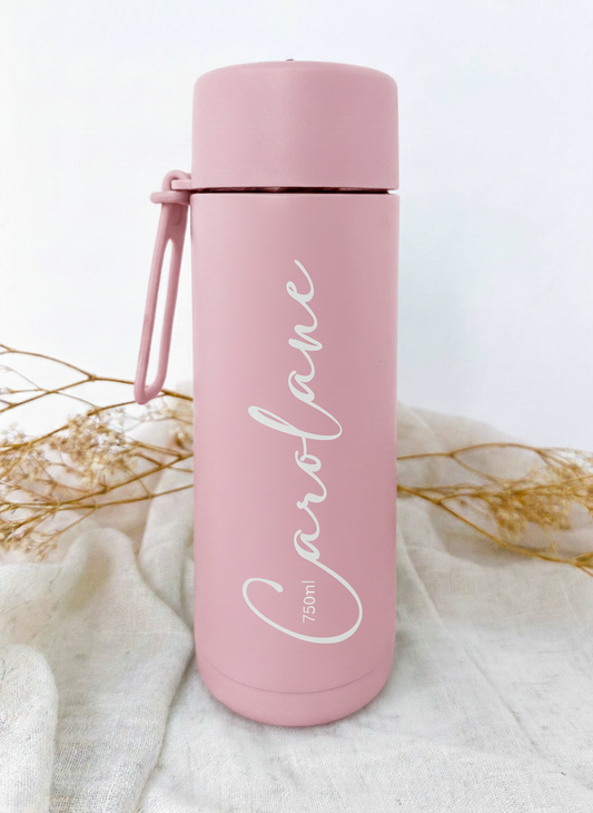 Bouteille isotherme rose personnalisée avec fleur de naissance