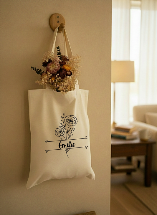 Tote bag en coton personnalisé avec fleur de naissance
