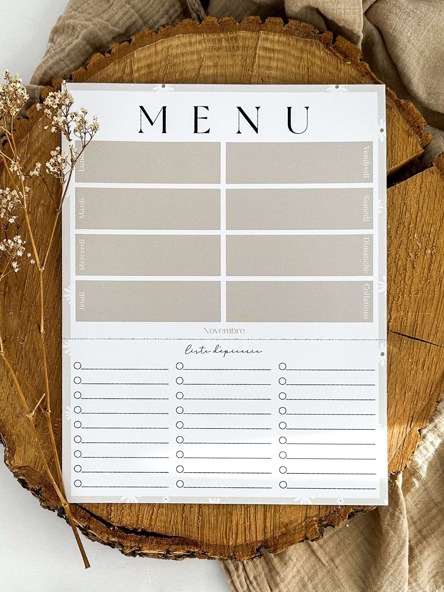 Planificateur de repas et liste d'épicerie Fleurs Blanches 2.0 - Novembre Boutique