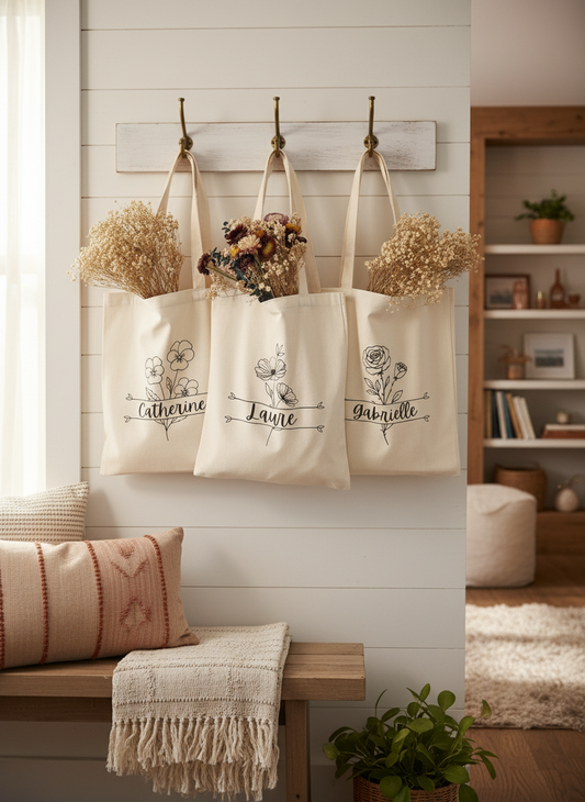 Tote bag en coton personnalisé avec fleur de naissance