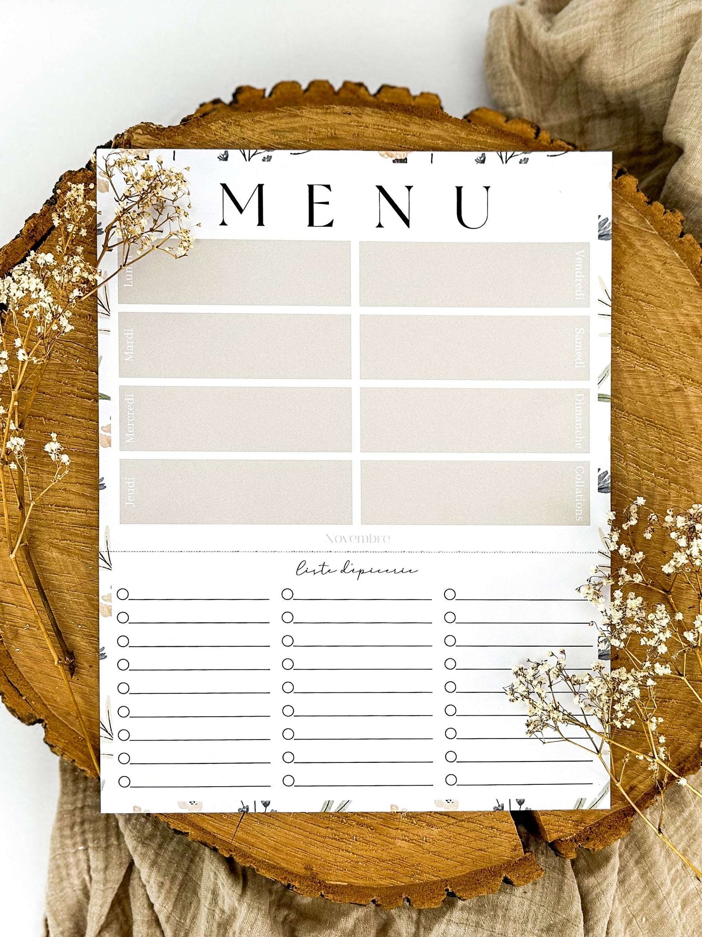 Planificateur de repas et liste d'épicerie Fleuri 2.0 - Novembre Boutique