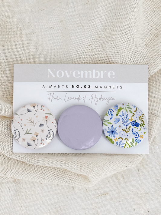 Lot de trois aimants faits à la main assortis aux collections Fleuri, Lavande et Hydrangea. diamètre 3 cm.