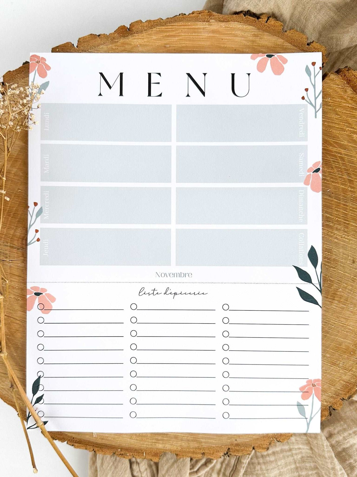 Planificateur de repas et liste d'épicerie Flora - Novembre Boutique