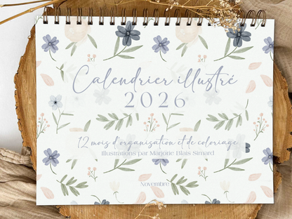 Calendrier illustré 2026 à colorier Jardin d'azur