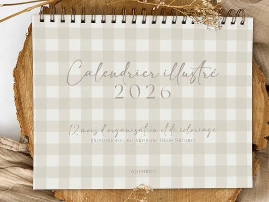 Calendrier illustré 2026 à colorier Damier d'été