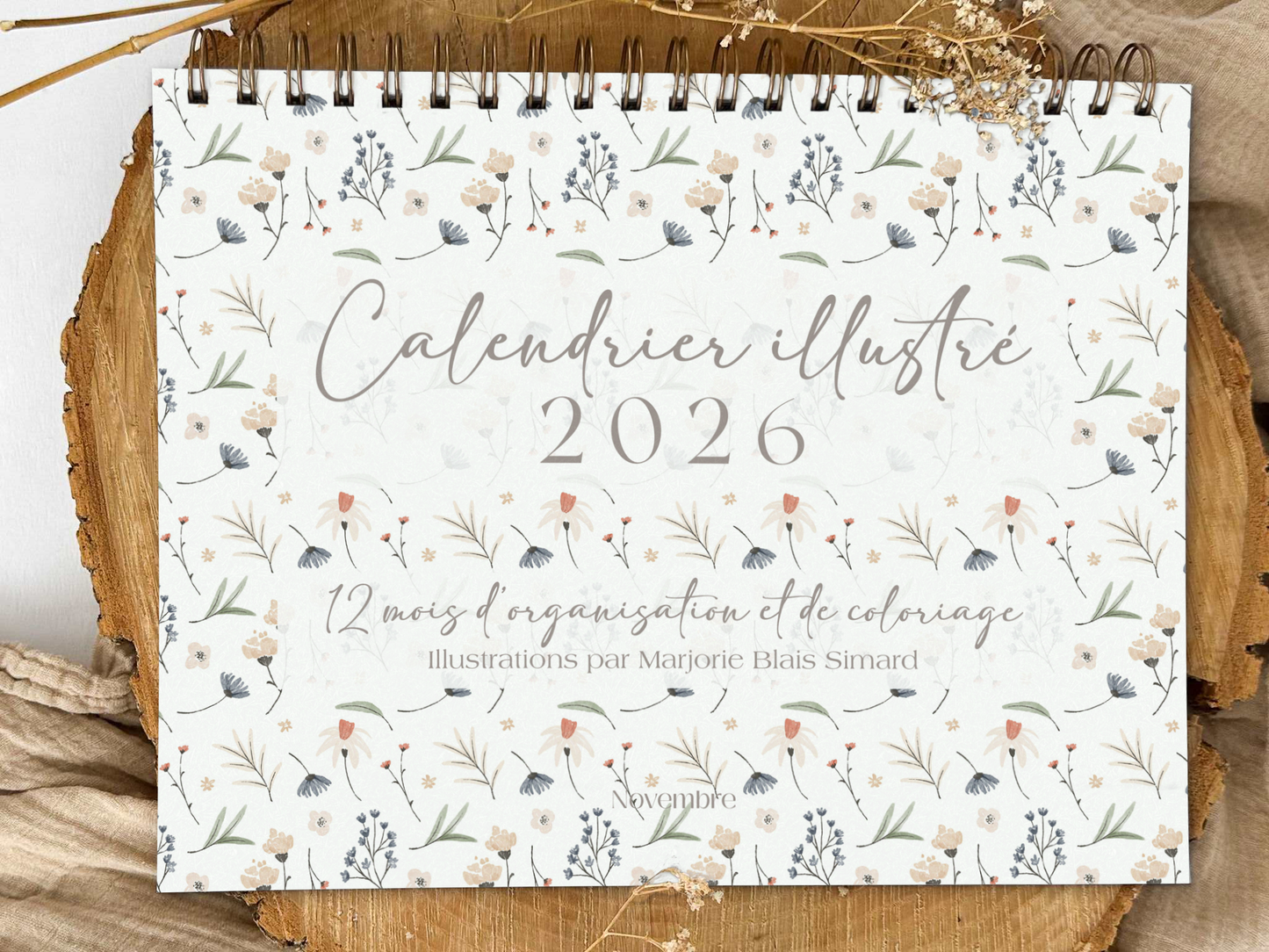 Calendrier illustré 2026 à colorier Fleuri