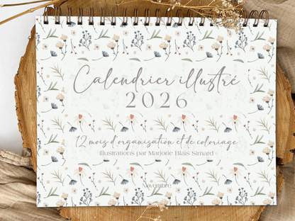 Calendrier illustré 2026 à colorier Fleuri