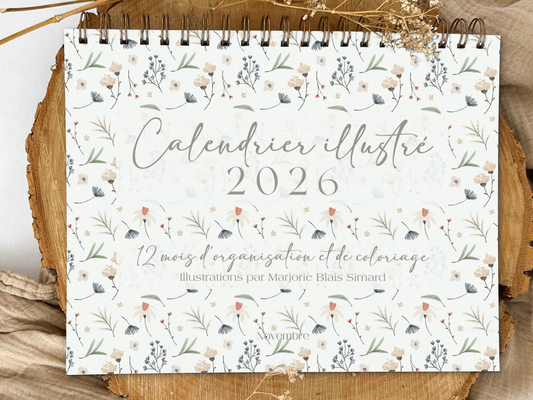 Calendrier illustré 2026 à colorier Fleuri