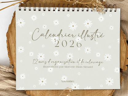Calendrier illustré 2026 à colorier Fleurs blanches