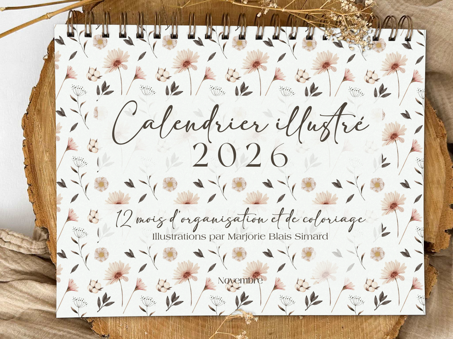 Calendrier illustré 2026 à colorier Fleurs nordiques