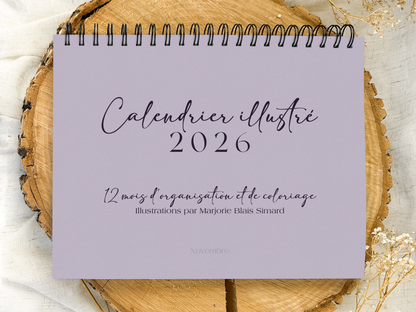 Calendrier illustré 2026 à colorier Lavande