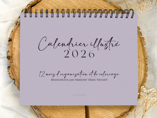 Calendrier illustré 2026 à colorier Lavande