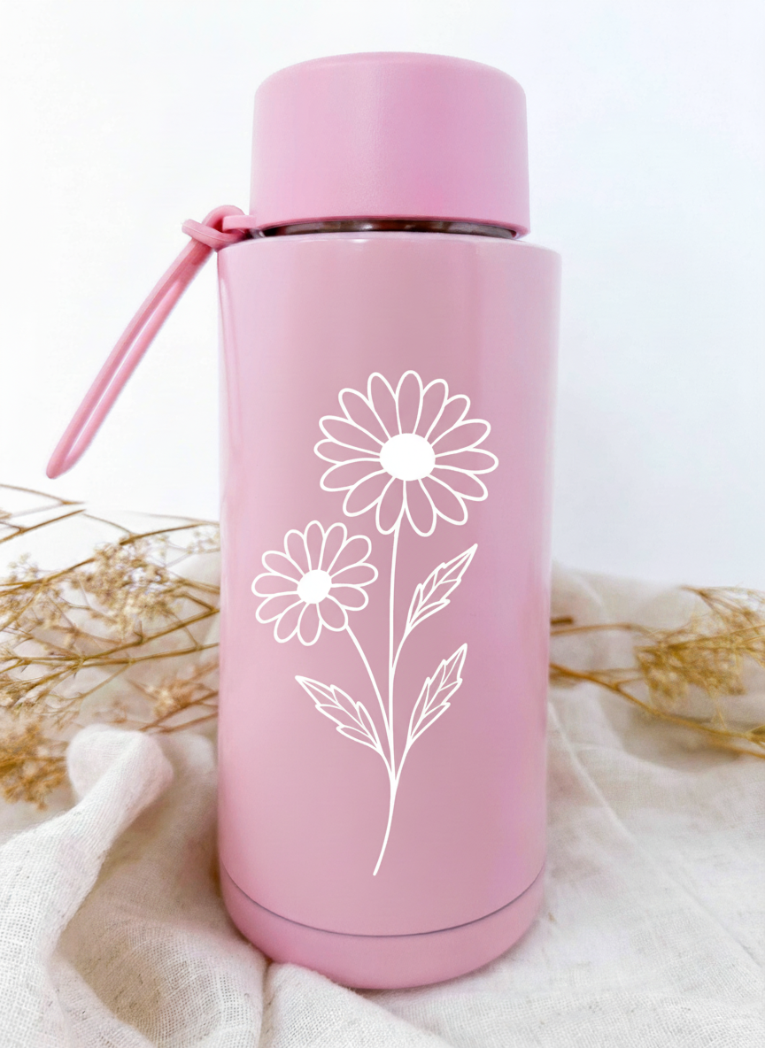 Bouteille isotherme rose personnalisée avec fleur de naissance