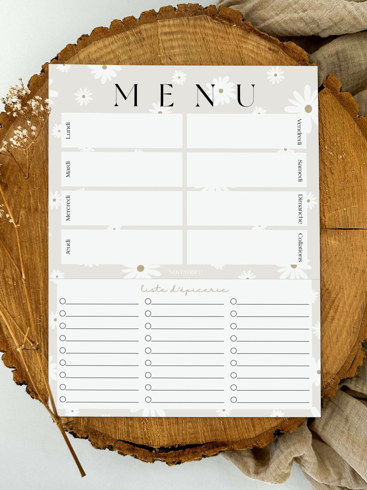 Planificateur de repas et liste d'épicerie Fleurs Blanches