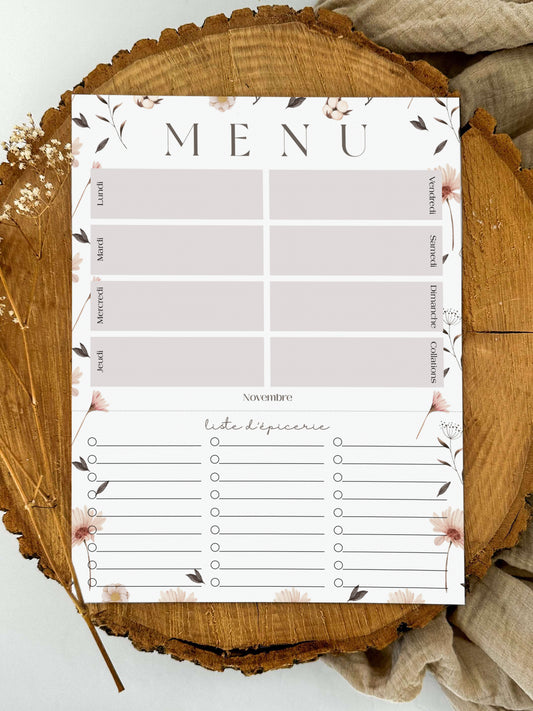 Planificateur de repas et liste d'épicerie Fleurs Nordiques