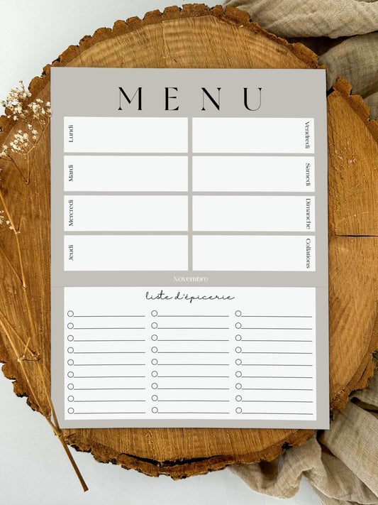Planificateur de repas et liste d'épicerie Greige