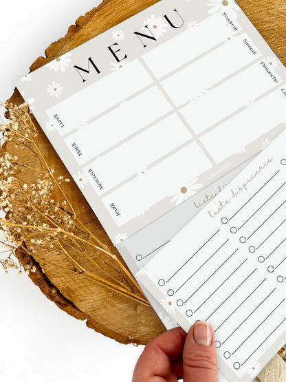 Planificateur de repas et liste d'épicerie Fleurs Blanches