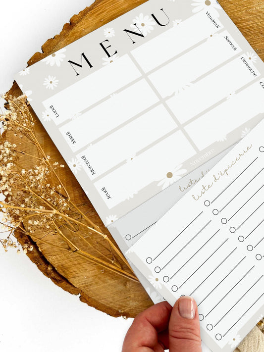 Planificateur de repas et liste d'épicerie Fleurs Blanches