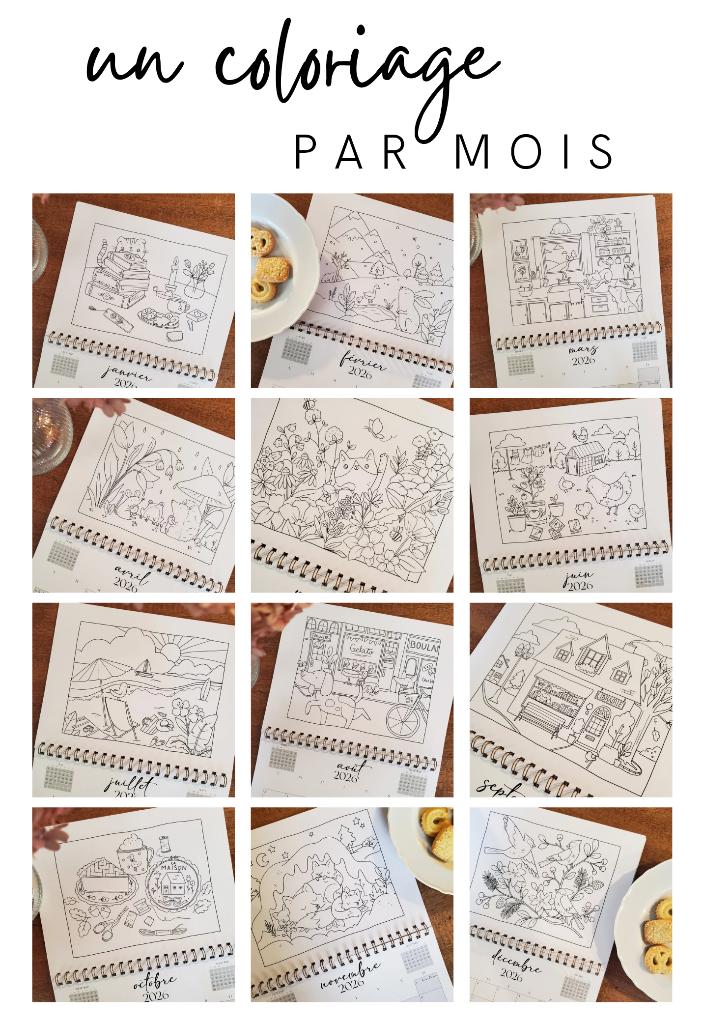 Calendrier illustré 2026 à colorier Fleurs blanches
